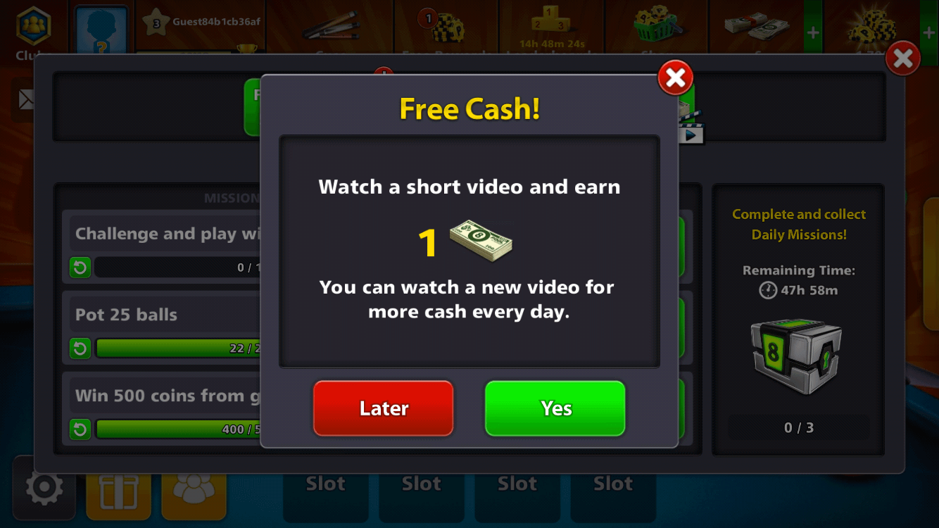 rewarded video ad placements in 8 ball pool cash