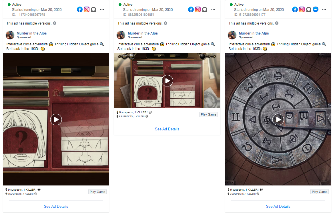 murder in the alps adventure mobile game ad copy example
