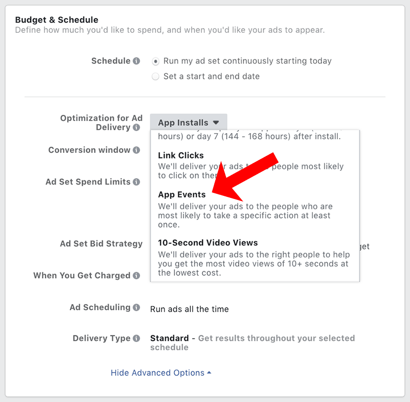 facebook ad campaign app installs app events